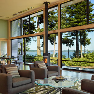 Modernes Wohnzimmer mit grüner Wandfarbe und Kaminofen in Seattle