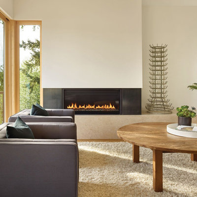 Inspiration for a scandinavian formal light wood floor living room remodel in Seattle with white walls and a ribbon fireplace