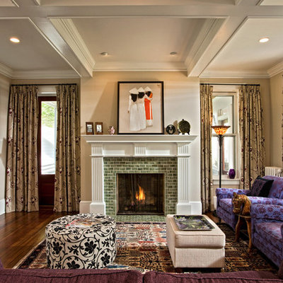 Living room - eclectic enclosed dark wood floor living room idea in Boston with a tile fireplace, a standard fireplace and a wall-mounted tv