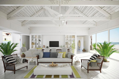 Diseño de salón para visitas cerrado exótico grande con paredes blancas, suelo de madera pintada, televisor colgado en la pared y suelo blanco