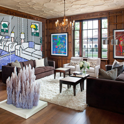 Inspiration for a mid-sized eclectic formal and open concept dark wood floor living room remodel in Milwaukee with brown walls, no fireplace and no tv