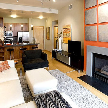 Portland Pearl District Condo Living Room & Fireplace with Custom Wall Treatment
