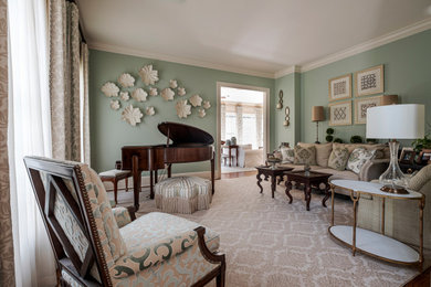 Inspiration for a timeless formal medium tone wood floor living room remodel with blue walls