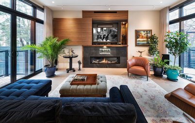 A Sliding Door Hides the TV in This Attractive Living Room