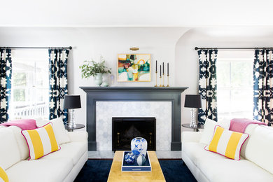 Living room - transitional living room idea in Chicago with white walls and a standard fireplace
