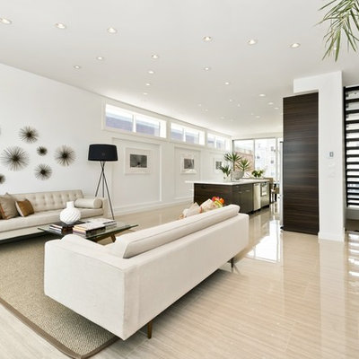 Trendy open concept beige floor living room photo in San Francisco with white walls and no tv