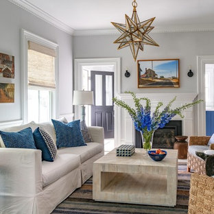 Living room - mid-sized coastal formal and enclosed living room idea in Boston with gray walls, a standard fireplace and no tv