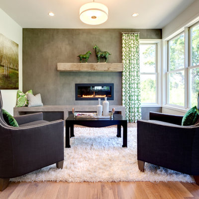 Example of a trendy open concept medium tone wood floor living room design in Minneapolis with gray walls, a ribbon fireplace and no tv