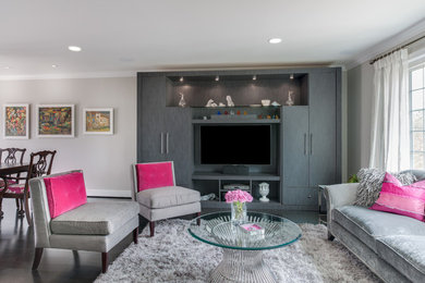 Photo of a medium sized contemporary open plan living room in DC Metro with grey walls, dark hardwood flooring, a built-in media unit, no fireplace and brown floors.
