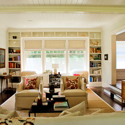 Elegant formal and enclosed dark wood floor living room photo in Boston with white walls