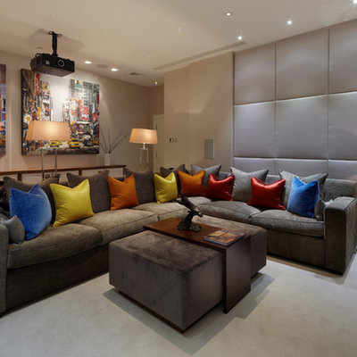 Living room - mid-sized contemporary open concept carpeted living room idea in London with beige walls