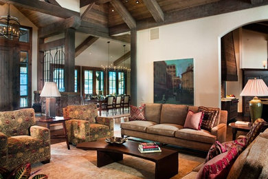 Inspiration for a large classic formal open plan living room in Denver with white walls and dark hardwood flooring.
