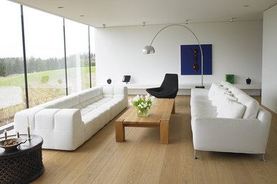 Inspiration för moderna vardagsrum, med vita väggar och mellanmörkt trägolv