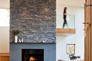 サンフランシスコにある高級な中くらいなトランジショナルスタイルのおしゃれなLDK (白い壁、淡色無垢フローリング、標準型暖炉、コンクリートの暖炉まわり、ベージュの床) の写真