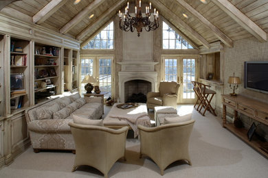 Design ideas for a large rustic formal open plan living room in New York with carpet, a standard fireplace, a wall mounted tv, beige walls and a stone fireplace surround.