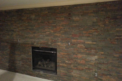 Mid-sized transitional living room photo in Detroit with a standard fireplace and a stone fireplace
