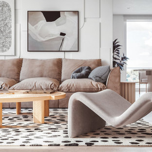 Design ideas for a mid-sized contemporary open concept living room in Sydney with white walls, a wall-mounted tv, light hardwood floors and beige floor.