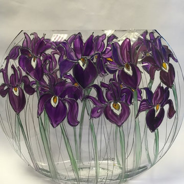 purple iris flat vase hand painted glassware