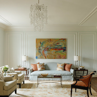 Inspiration for a timeless formal dark wood floor living room remodel in Charlotte with blue walls