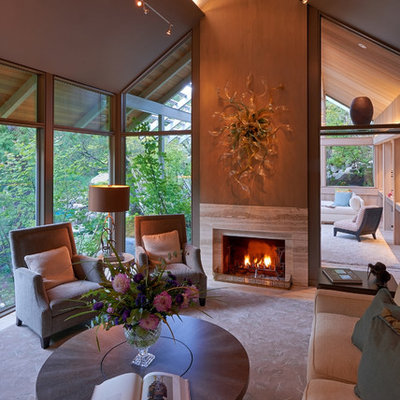 Example of a trendy living room design in Portland with a standard fireplace