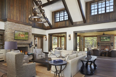 Mountain style formal and open concept living room photo in Miami with a standard fireplace and a stone fireplace
