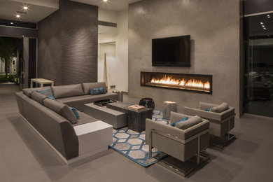 Living room - large contemporary open concept ceramic tile living room idea in Orange County with gray walls, a ribbon fireplace, a concrete fireplace and a wall-mounted tv