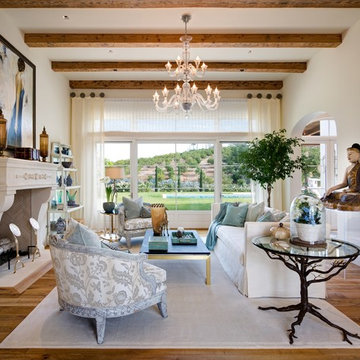 Rancho Santa Fe Living Room Design in Neutrals and Blues