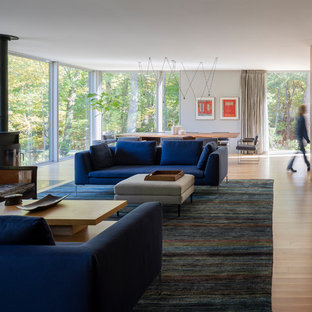 Living room - contemporary open concept medium tone wood floor and brown floor living room idea in Chicago with gray walls and a wood stove
