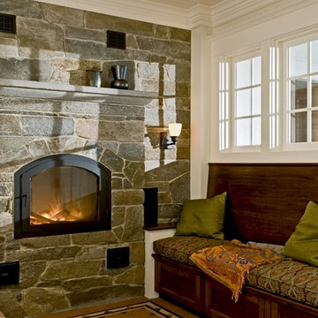 Reading nook with masonry heater and encaustic tile floor