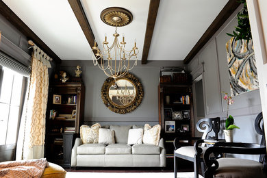 Living room - transitional dark wood floor living room idea in Wilmington with gray walls