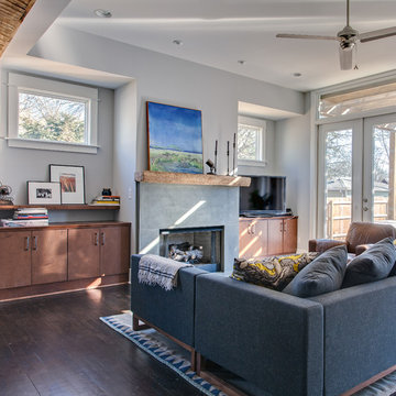Reclaimed Wood Mantel Over Cement Faced Fireplace