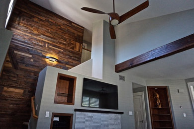 Reclaimed wood wall, kitchen, bath, floors, railings
