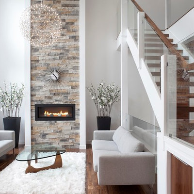 Trendy living room photo in Calgary with a ribbon fireplace and a stone fireplace