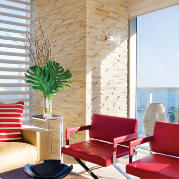 Red Accent Contemporary Living Room - Hunter Douglas Pirouette