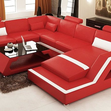 Red and White Bonded Leather Sectional Sofa with Chaise