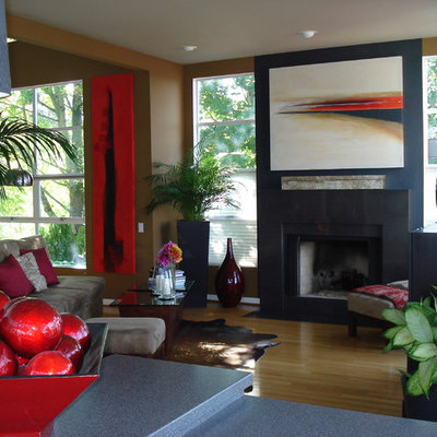 Inspiration for a contemporary living room remodel in Portland with brown walls and a standard fireplace
