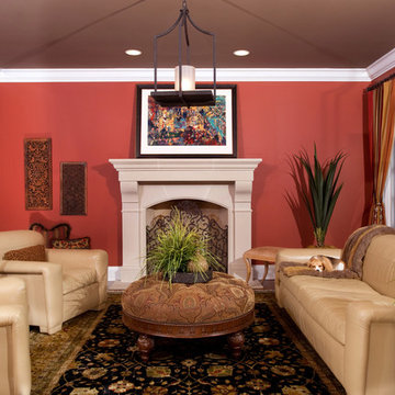 Red Walls and Taupe Ceiling in Living Room