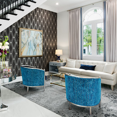 Example of a large transitional formal and open concept porcelain tile and white floor living room design in Tampa with no fireplace, no tv and multicolored walls