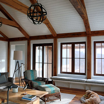 Relaxing living room with exposed wood barn beams