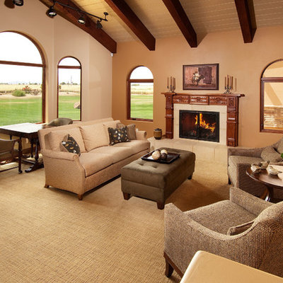 Inspiration for a mid-sized transitional open concept carpeted living room remodel in Phoenix with beige walls, a standard fireplace, no tv and a tile fireplace