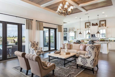 Example of a large classic open concept dark wood floor living room design in Miami with white walls