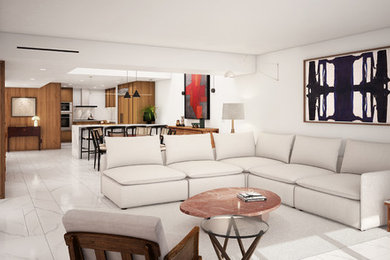 Living room - mid-sized eclectic open concept porcelain tile and white floor living room idea in Miami with white walls, no fireplace and a media wall