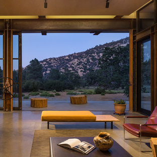 Example of a trendy concrete floor and gray floor living room design in Boise with gray walls, a corner fireplace and a concrete fireplace