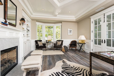 Inspiration for a mid-sized transitional formal and enclosed dark wood floor and brown floor living room remodel in Toronto with beige walls, no fireplace and no tv