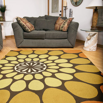 Retro living room with bright floral rug