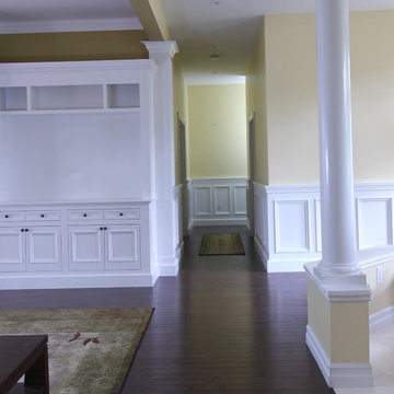 right bank of cabinets and hallway wainscoting