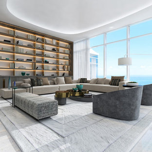 Idee per un ampio soggiorno minimalista aperto con sala formale, pareti grigie, pavimento in marmo, parete attrezzata e pavimento bianco
