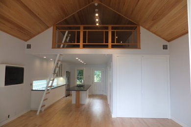 Imagen de salón abierto costero de tamaño medio sin chimenea con paredes blancas, suelo de madera clara, televisor colgado en la pared y suelo marrón