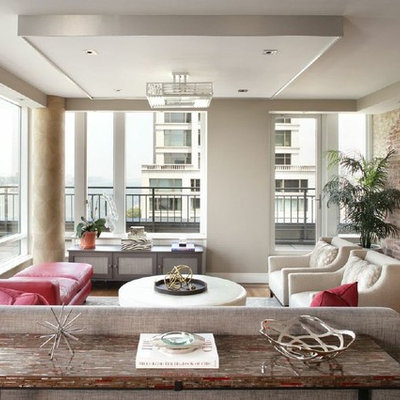 Mid-sized trendy formal and open concept light wood floor living room photo in New York with no fireplace and white walls