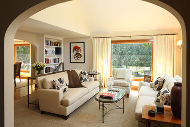 Example of a mid-sized formal and open concept carpeted living room design in New York